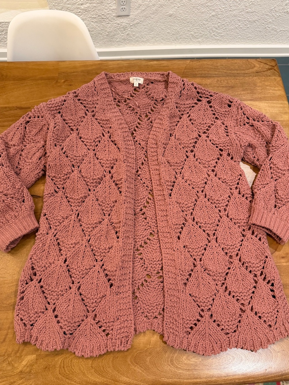 Umgee Open-Front Diamond Crochet Cardigan in Dusty Rose Size Medium